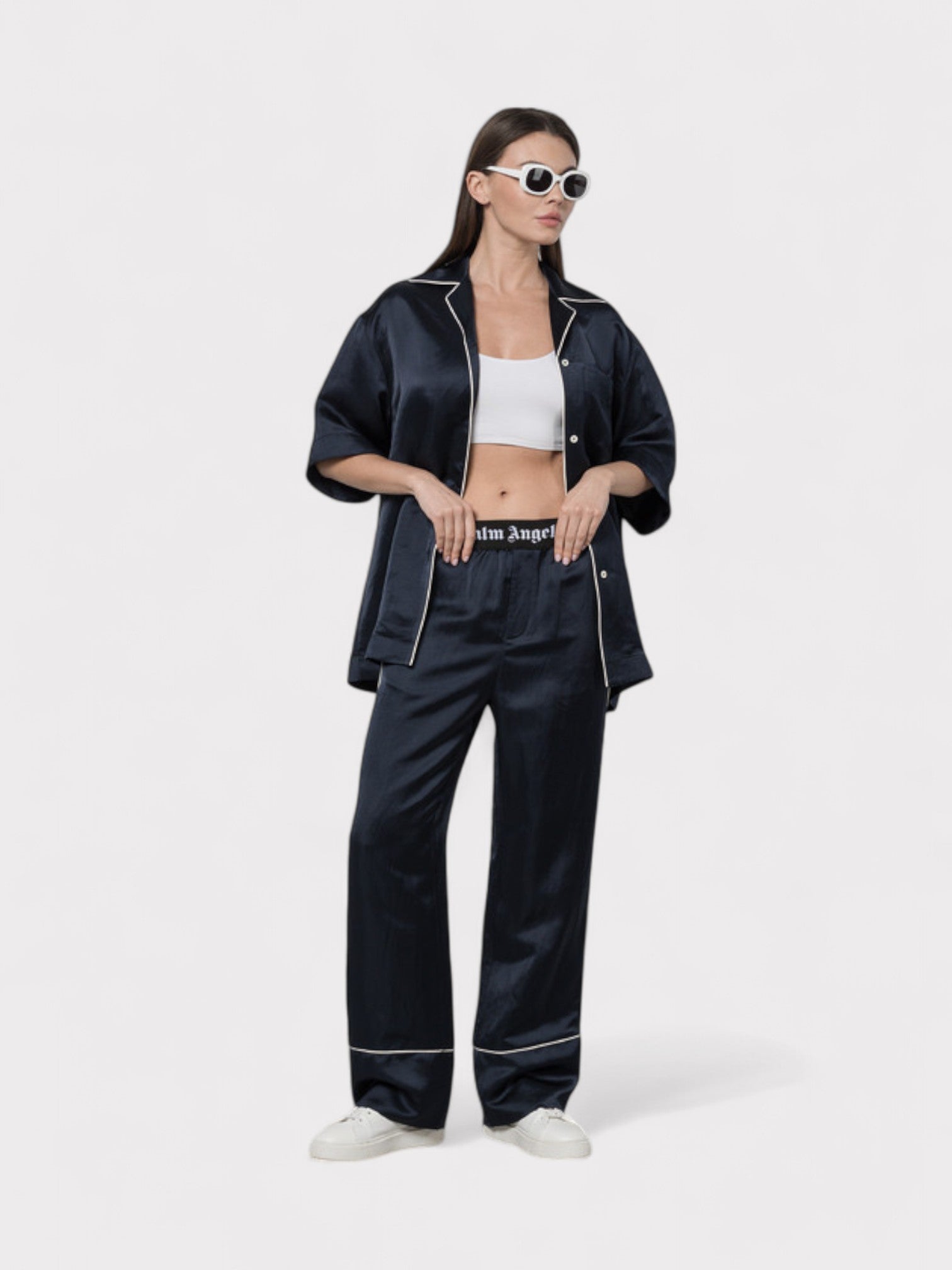 Palm Angels Satin Pajama Bottoms Navy Blue
