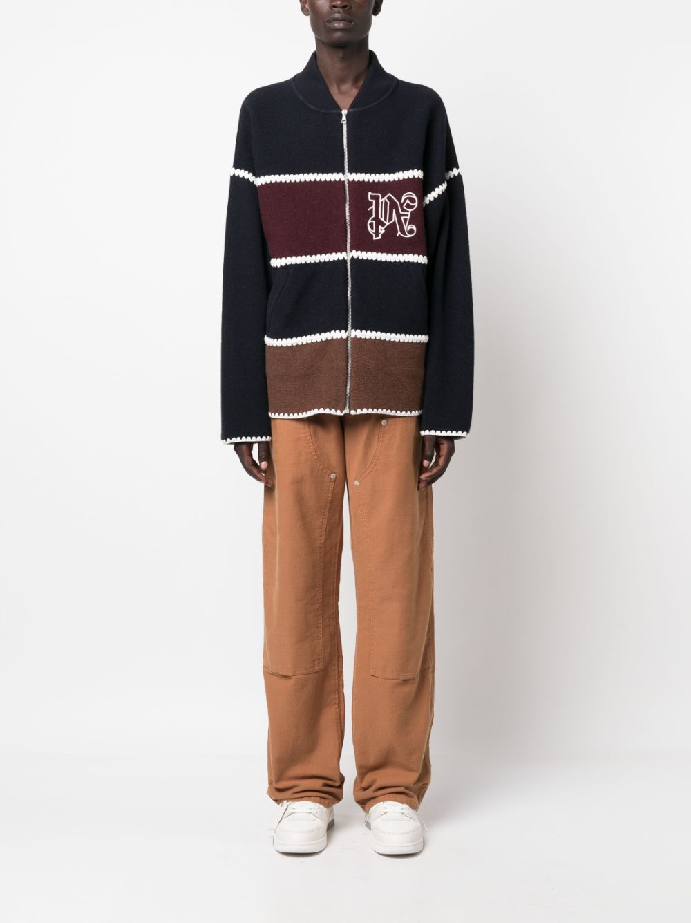 Palm Angels Monogram Striped Knit Jacket Navy Blue - Supplied FashionPALM ANGELS