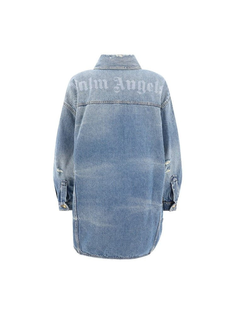 Palm Angels Washed Logo Denim Overshirt Blue - Supplied FashionPALM ANGELS