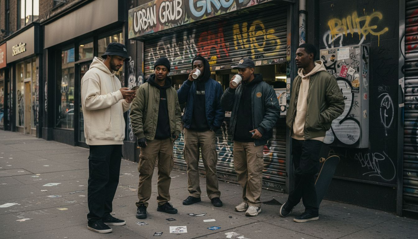 Young adults in streetwear in urban city setting