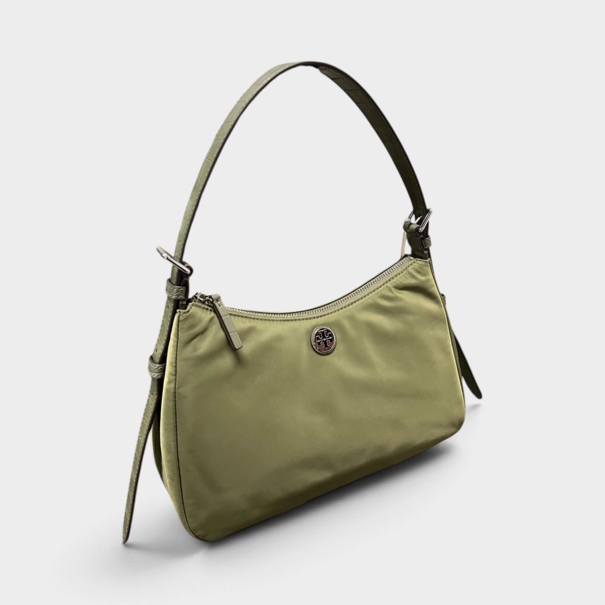 Nylon Zip Top Shoulder Bag Green Khaki