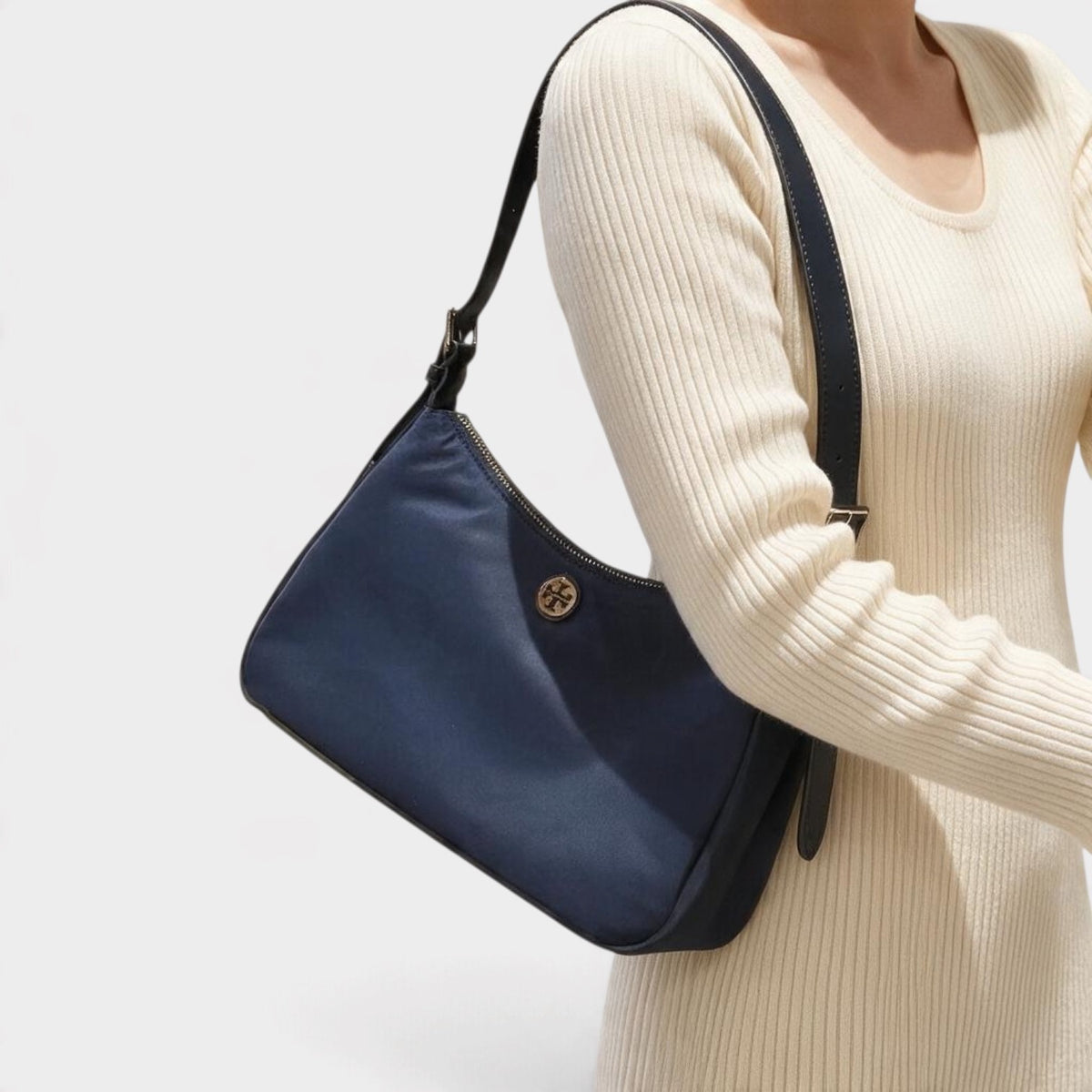 Nylon Zip Top Shoulder Bag Navy Blue