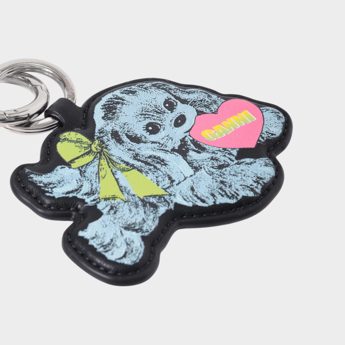 Supplied Fashion Ganni baby blue recycled leather puppy keyring with a pink heart logo and silver-tone clasp.