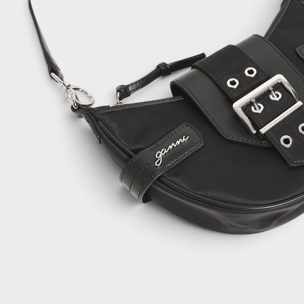 Supplied Fashion Ganni Small Bucky black cross-body bag with silver buckle detail and adjustable shoulder strap