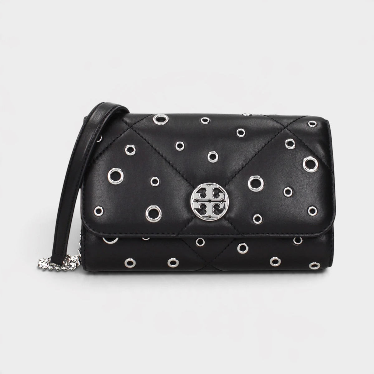 Supplied Fashion Willa black quilted leather chain wallet with silver grommets and logo hardware.
