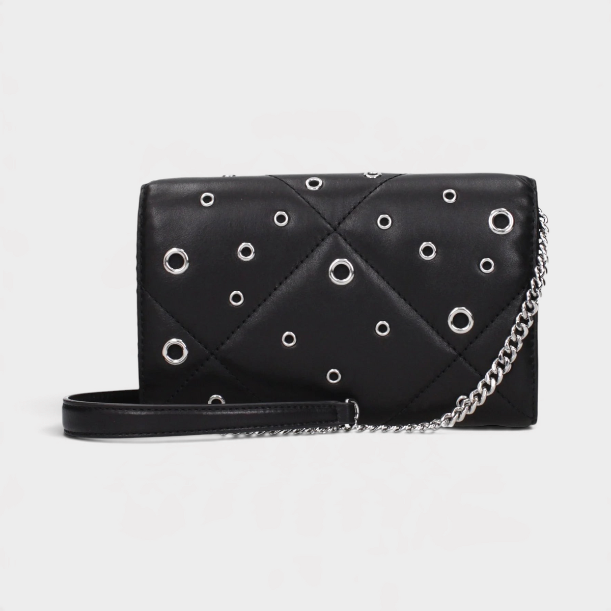 Supplied Fashion black quilted chain wallet with silver grommet detailing and a detachable silver chain strap.