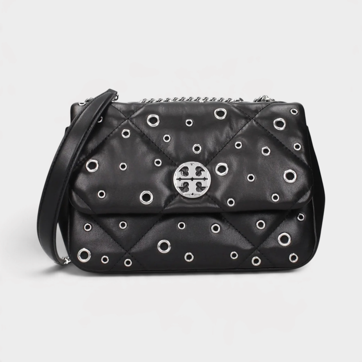 Supplied Fashion Tory Burch Willa black quilted shoulder bag with silver grommet details and logo hardware