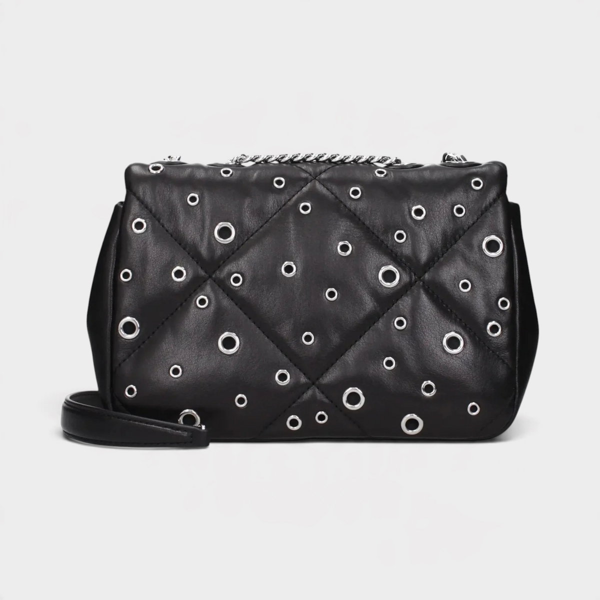 Supplied Fashion Tory Burch Willa black quilted shoulder bag with silver grommet detailing and chain strap
