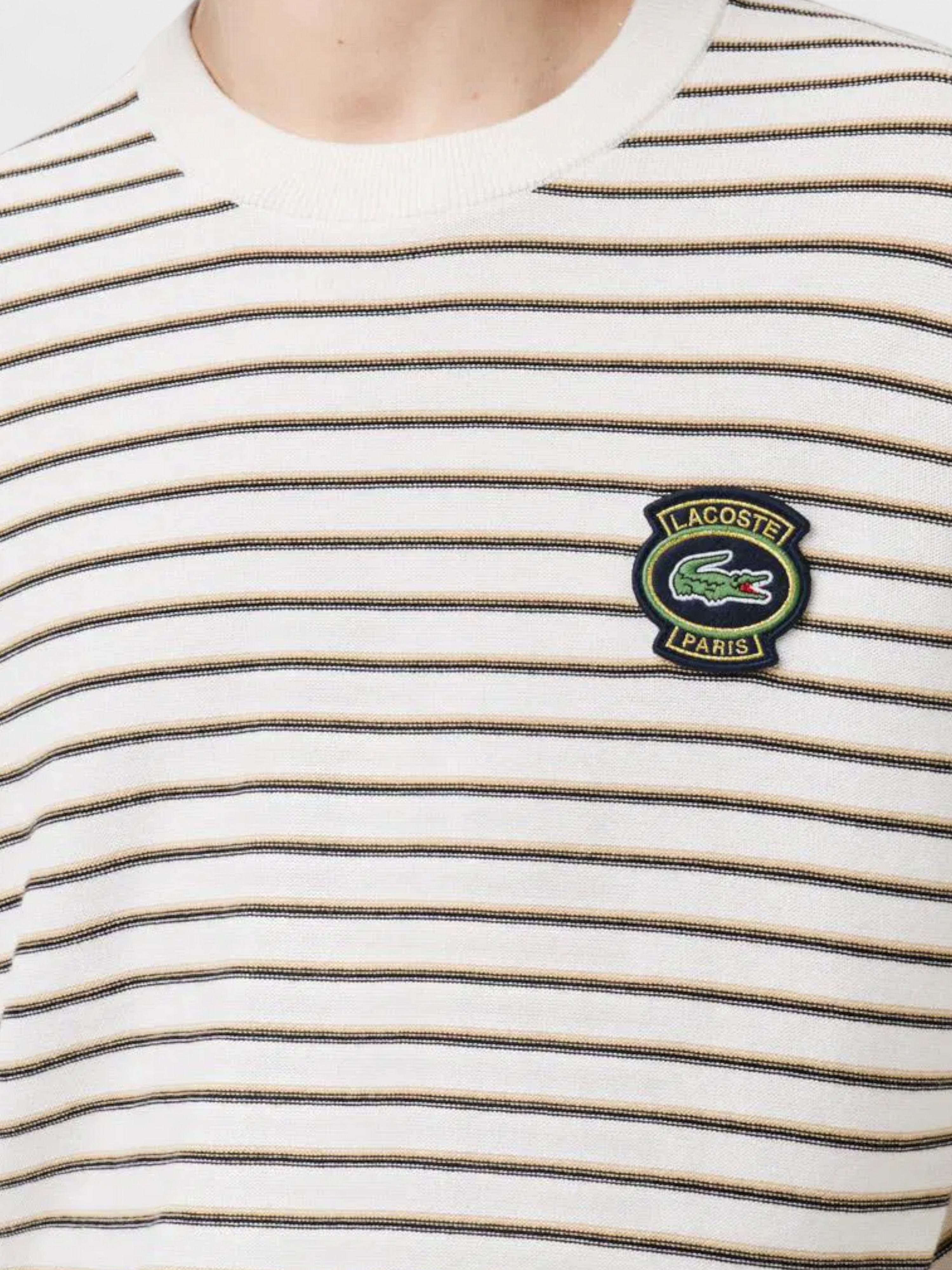 Lacoste Striped Cotton Badge Crew Neck Sweater White
