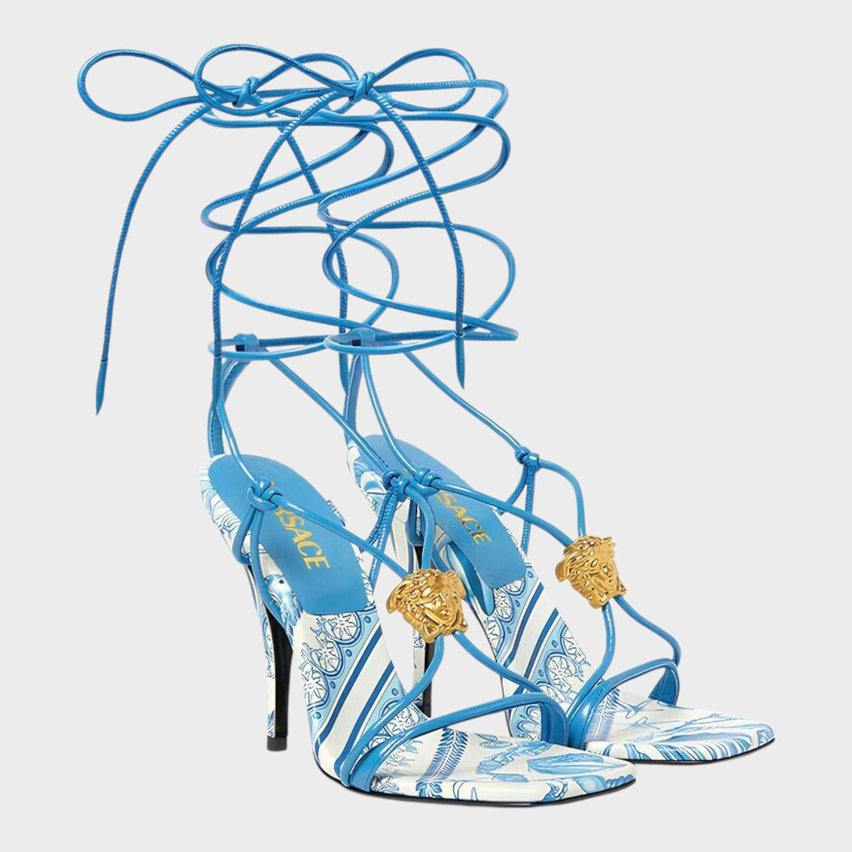 Medusa Barocco Square Toe Heeled Sandals Blue White