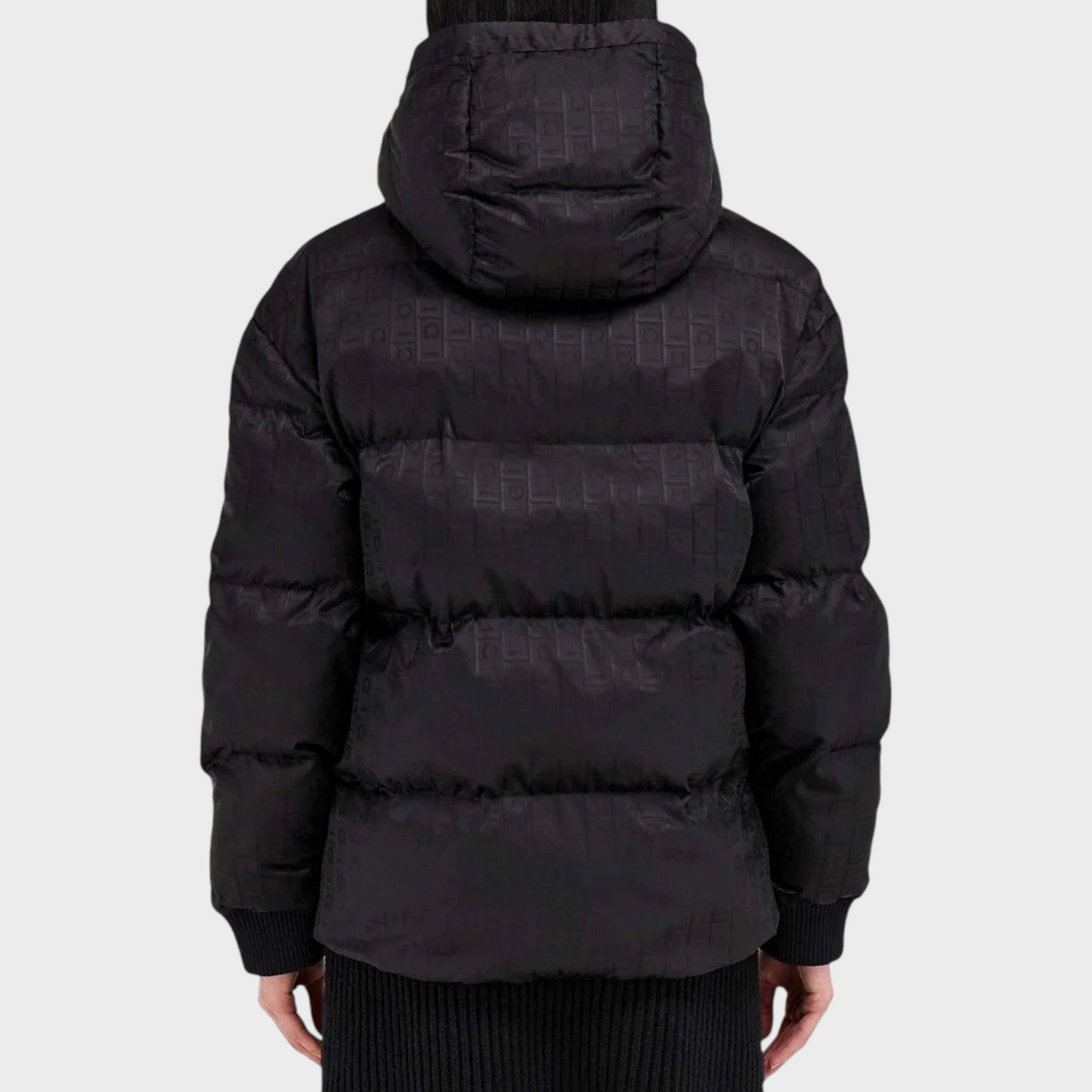 Supplied Fashion black monogram jacquard padded jacket with a hood, shown from the back view.