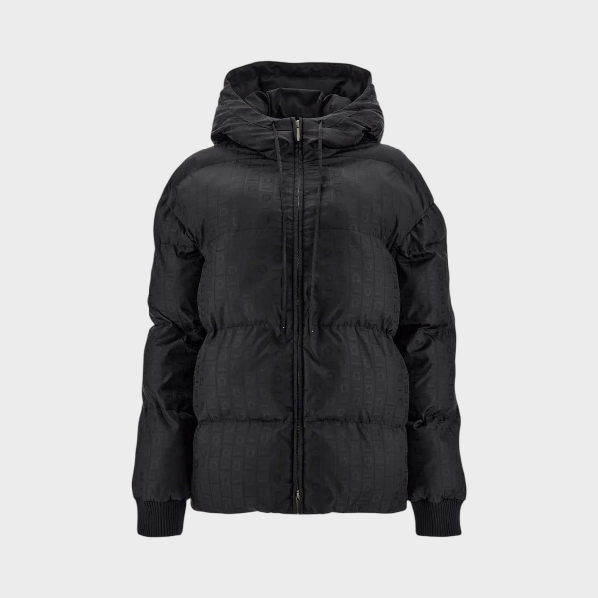 Supplied Fashion black monogram jacquard padded jacket with a hood, zip front, and ribbed cuffs.
