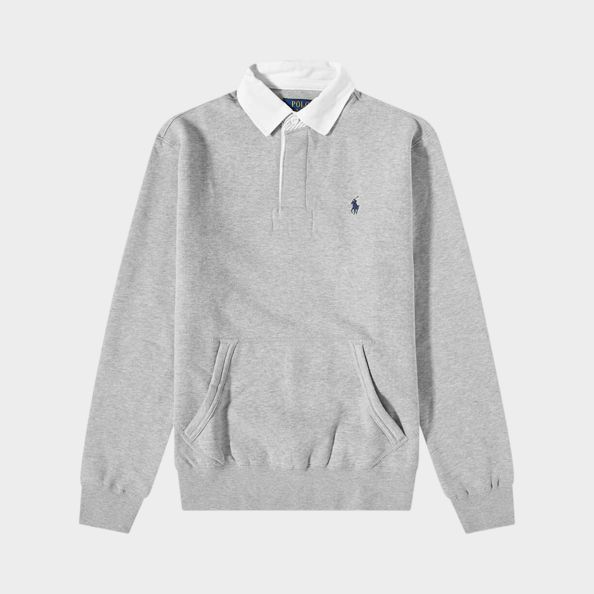 Supplied Fashion heather grey cotton rugby shirt with white collar, button placket, and front kangaroo pocket.