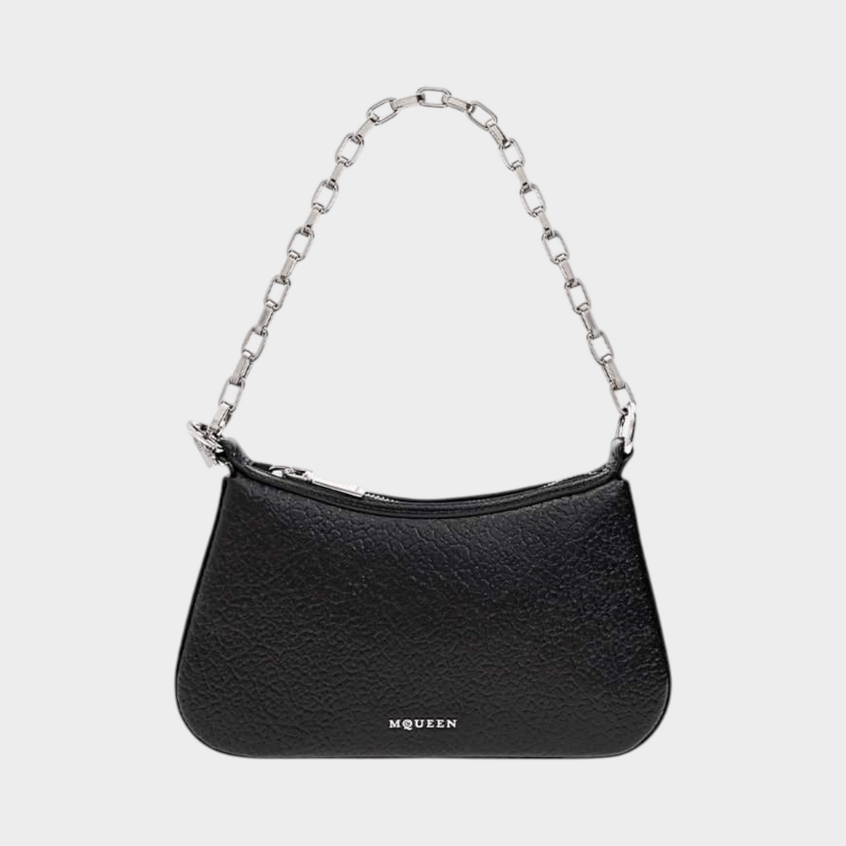 Supplied Fashion Alexander McQueen black leather mini shoulder bag with silver chain strap and T-bar hardware detail.