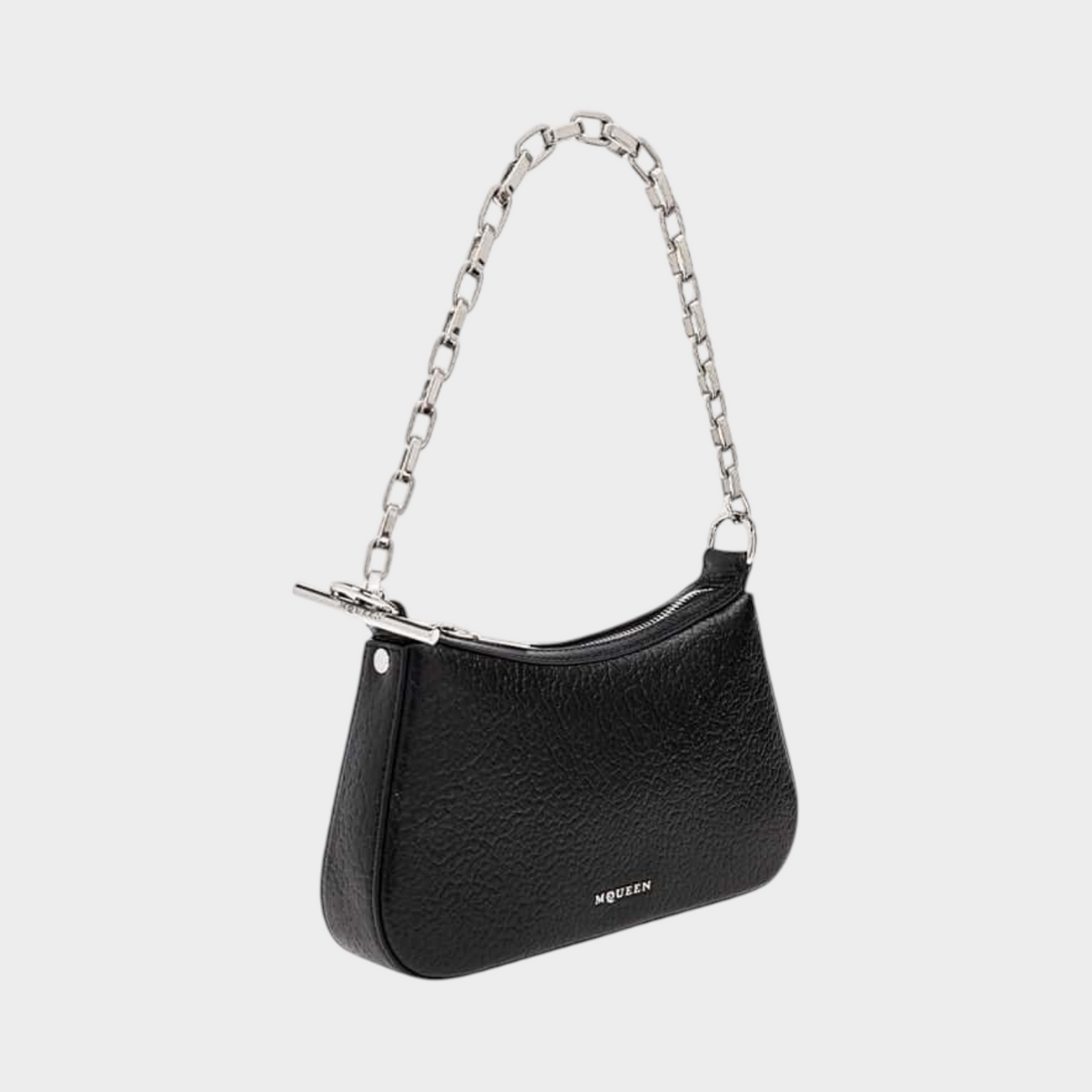 Supplied Fashion black leather mini shoulder bag with silver T-bar hardware and a chunky silver chain strap.