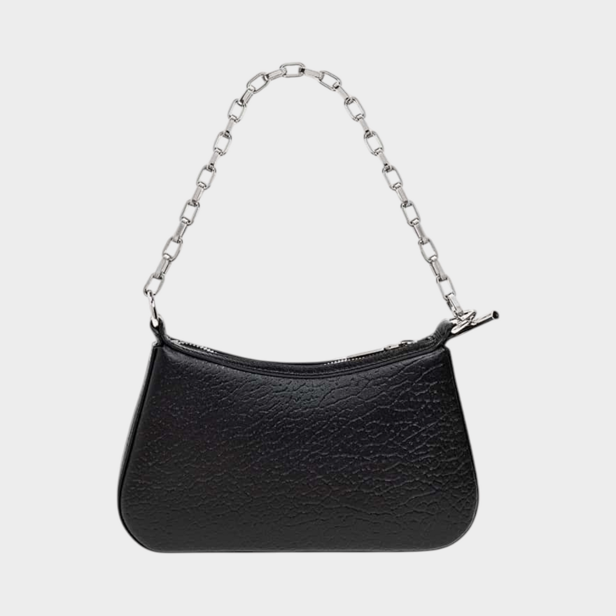 Supplied Fashion black leather mini shoulder bag with a silver chain strap and T-bar hardware detail.