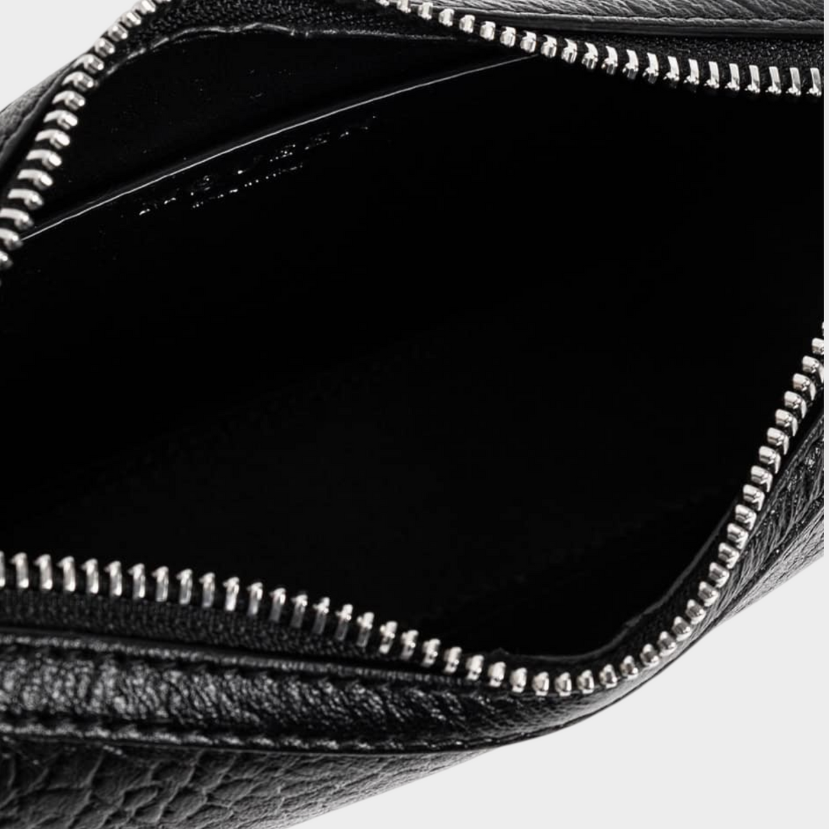 Supplied Fashion black leather mini T-bar shoulder bag interior view with silver zipper and chain strap detail