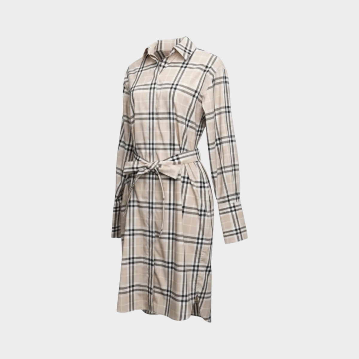 Soft Fawn Check Cotton Belted Dress Beige