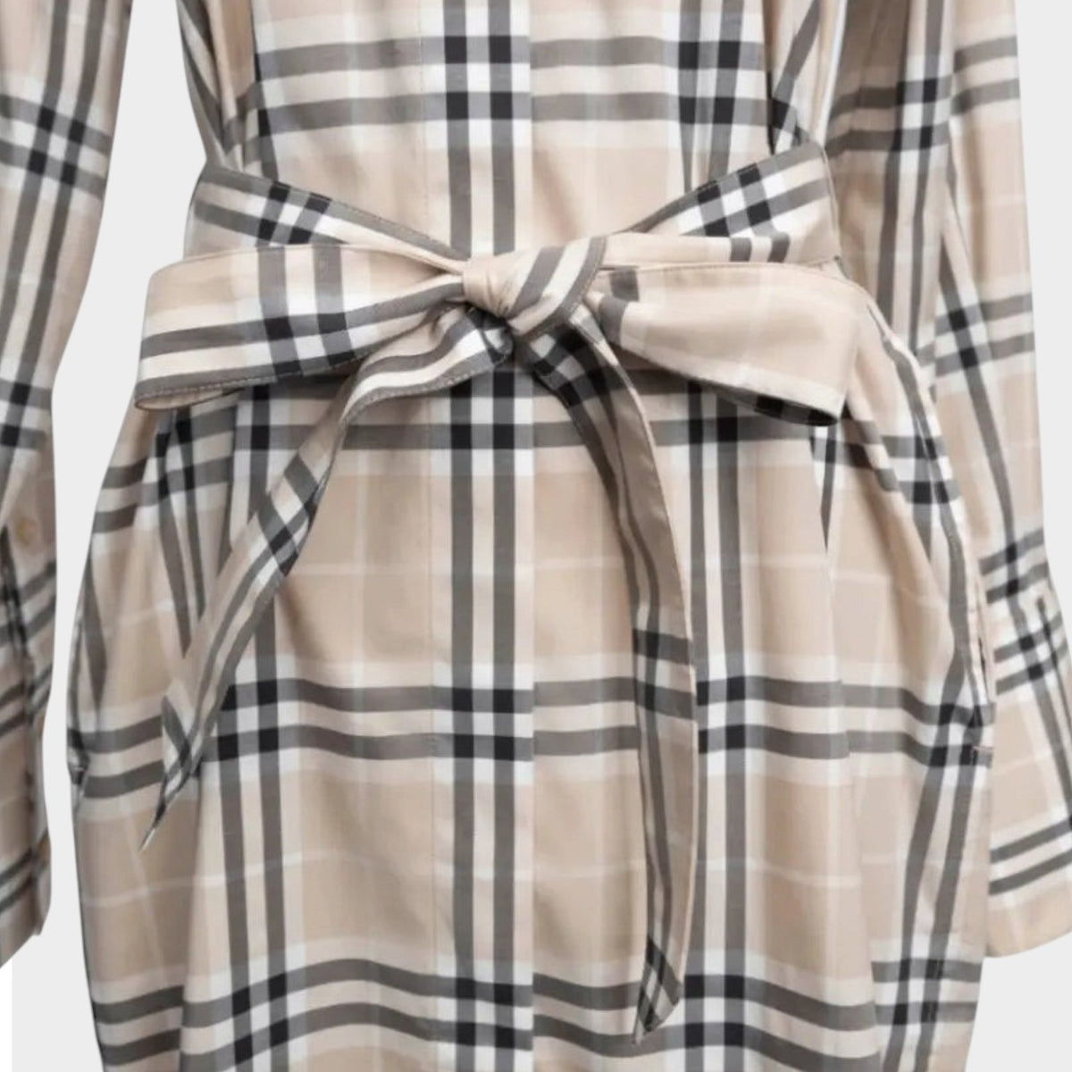 Soft Fawn Check Cotton Belted Dress Beige