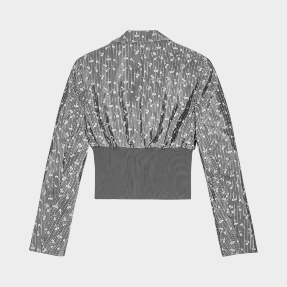 Supplied Fashion Ganni smoked pearl grey jacquard cropped blazer with ribbed hem and floral pattern, back view.