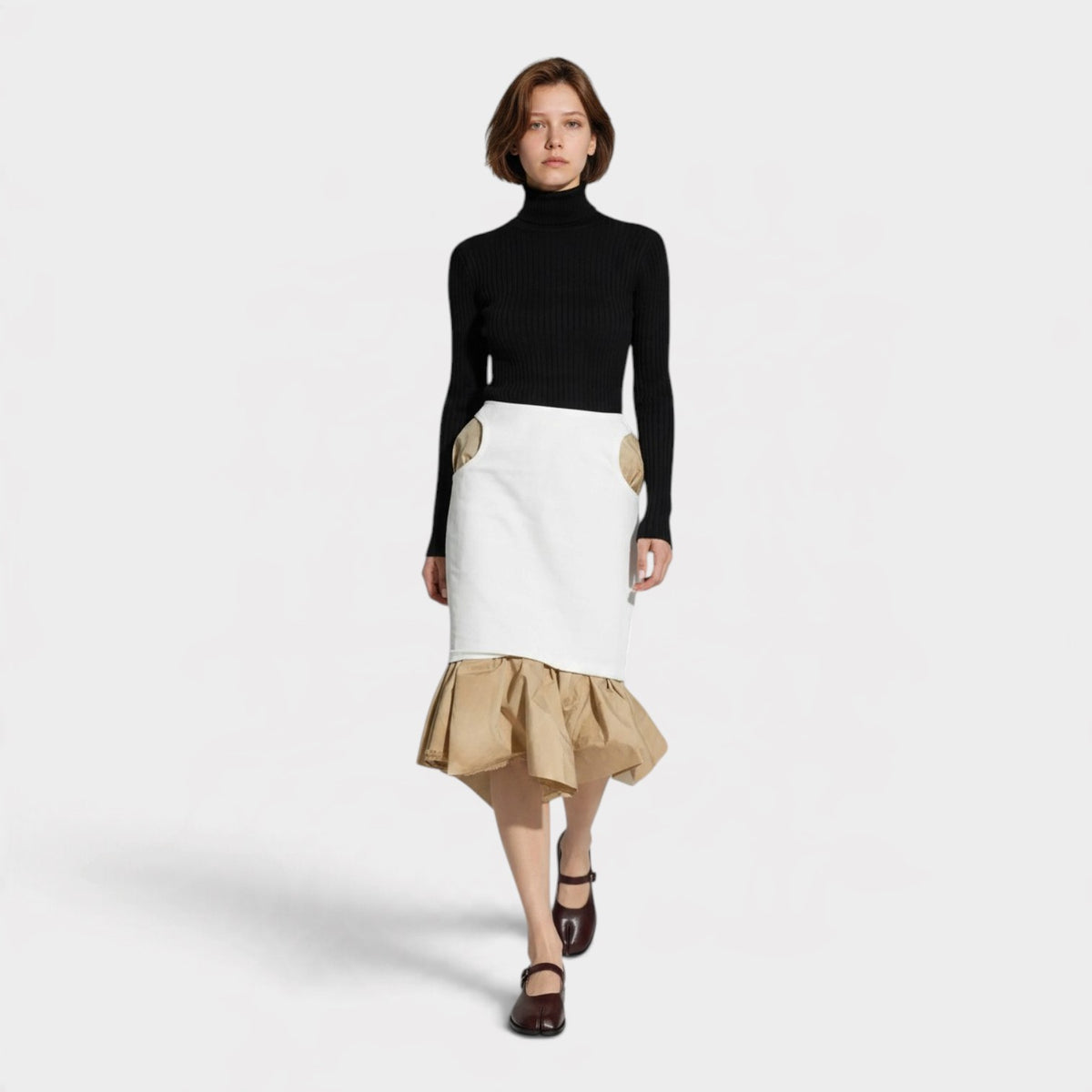 Layered Knee Length Skirt Beige White