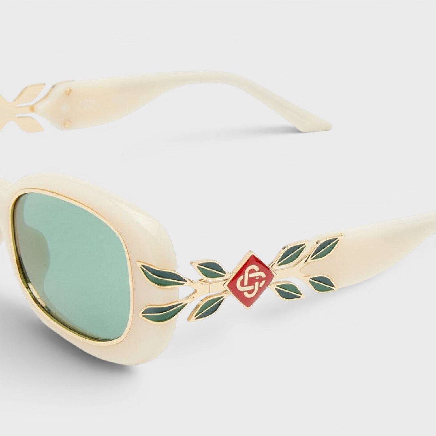Acetate Metal Oval Sunglasses Laurel Detail Cream Gold Laurel Green