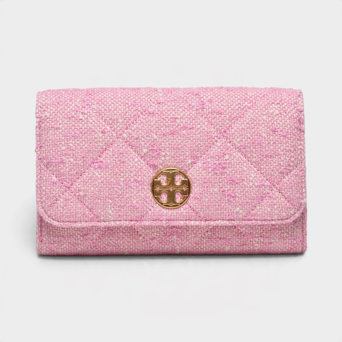 Supplied Fashion Tory Burch Willa pink tweed chain wallet with gold logo hardware and quilted texture