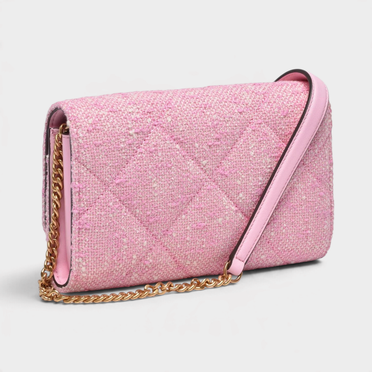 Supplied Fashion Willa pink tweed chain wallet with quilted texture and gold-tone hardware.