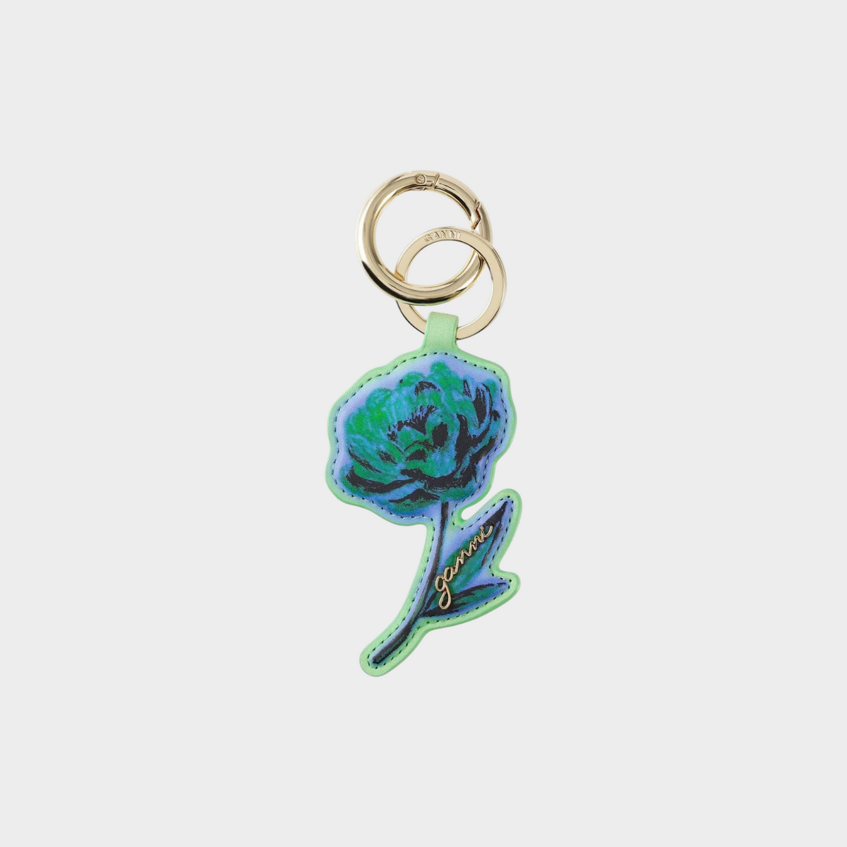 Supplied Fashion Ganni stone green flower keyring with gold-tone metal ring and embroidered logo detail