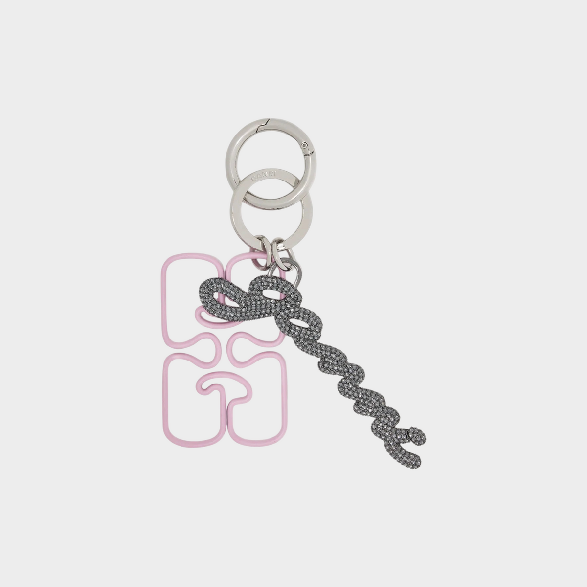 Supplied Fashion Ganni flash pink keyring with a metallic chain-embellished logo charm on a silver split ring.