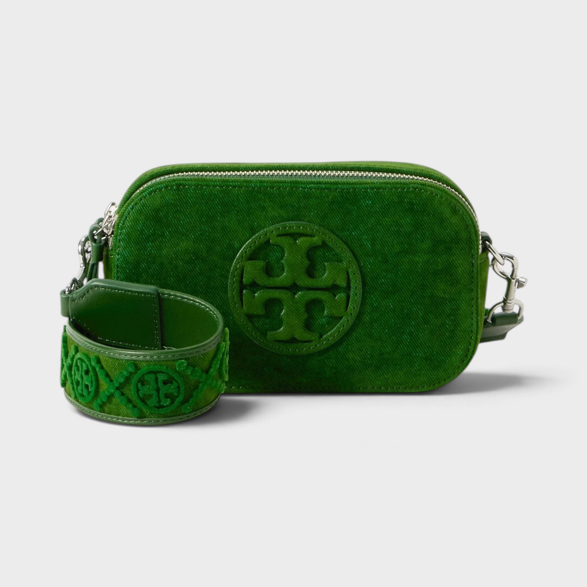 Supplied Fashion emerald green flocked leather Miller mini crossbody bag with iconic logo and adjustable strap