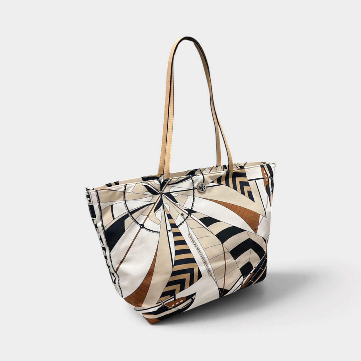 Nylon Printed Tote Bag Beige Sailboat