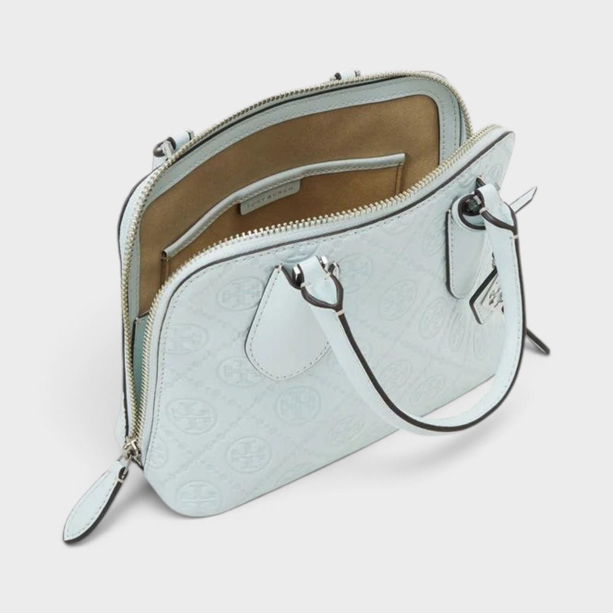 Supplied Fashion Tory Burch ice blue leather mini swing bag with embossed monogram T logo and top zip closure