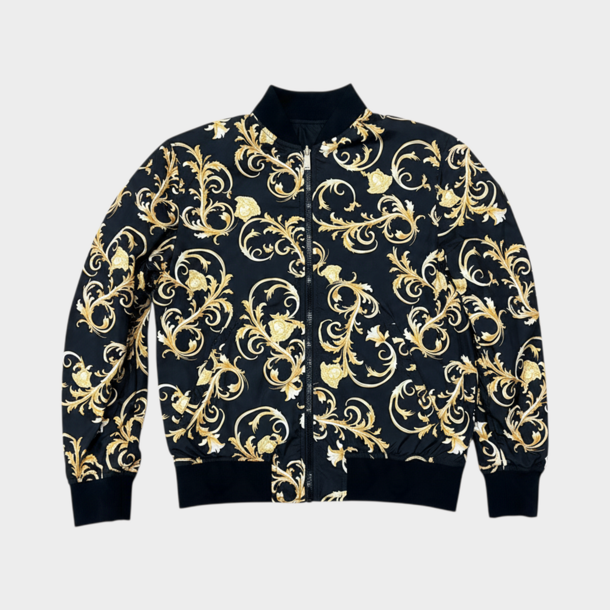 Supplied Fashion reversible bomber jacket in black and gold with a bold Baroque print for men