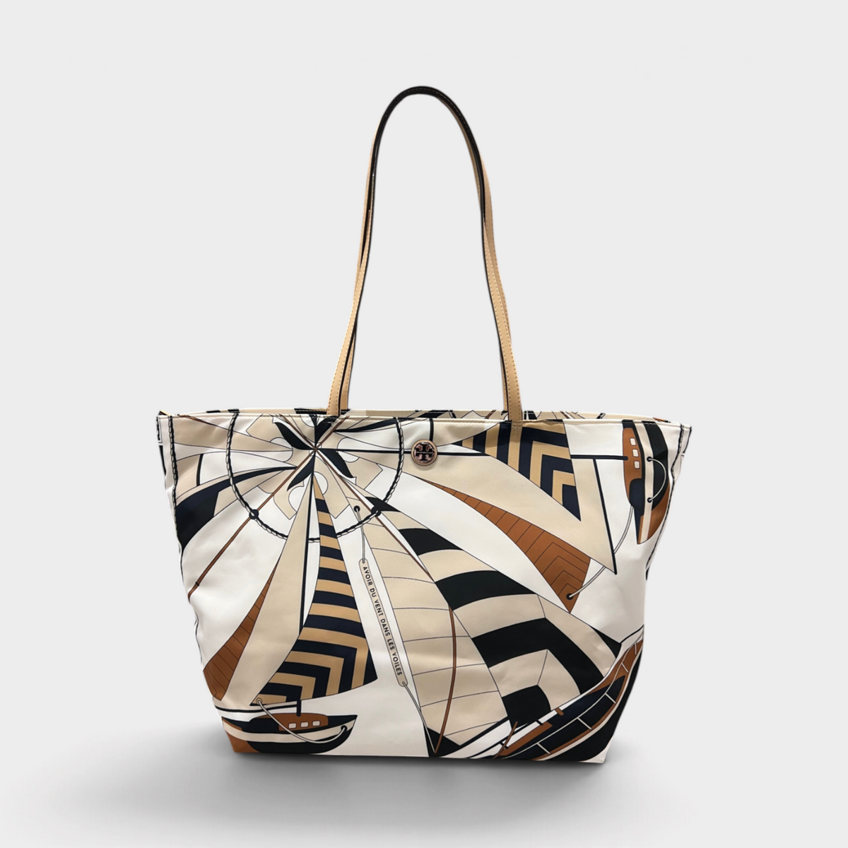 Nylon Printed Tote Bag Beige Sailboat