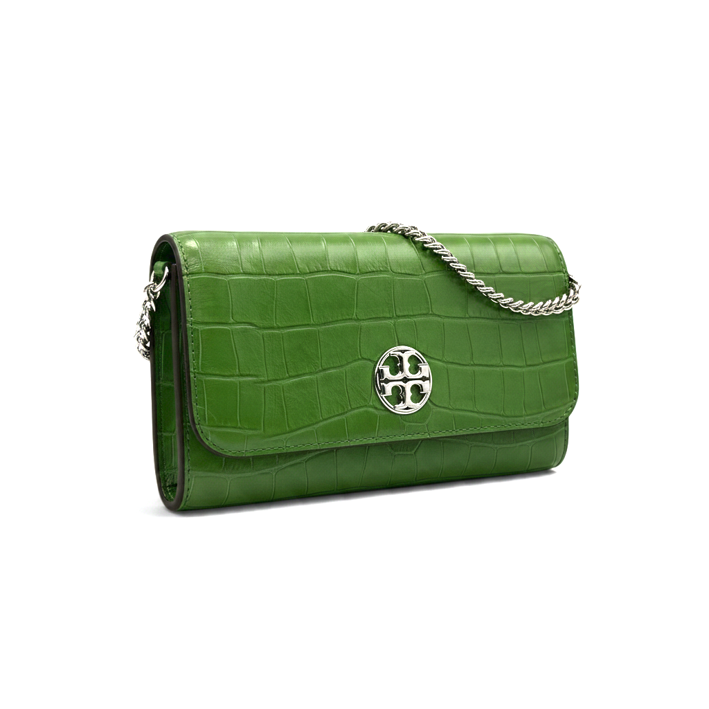 Supplied Fashion Willa palm green embossed leather chain wallet with silver logo hardware and shoulder strap