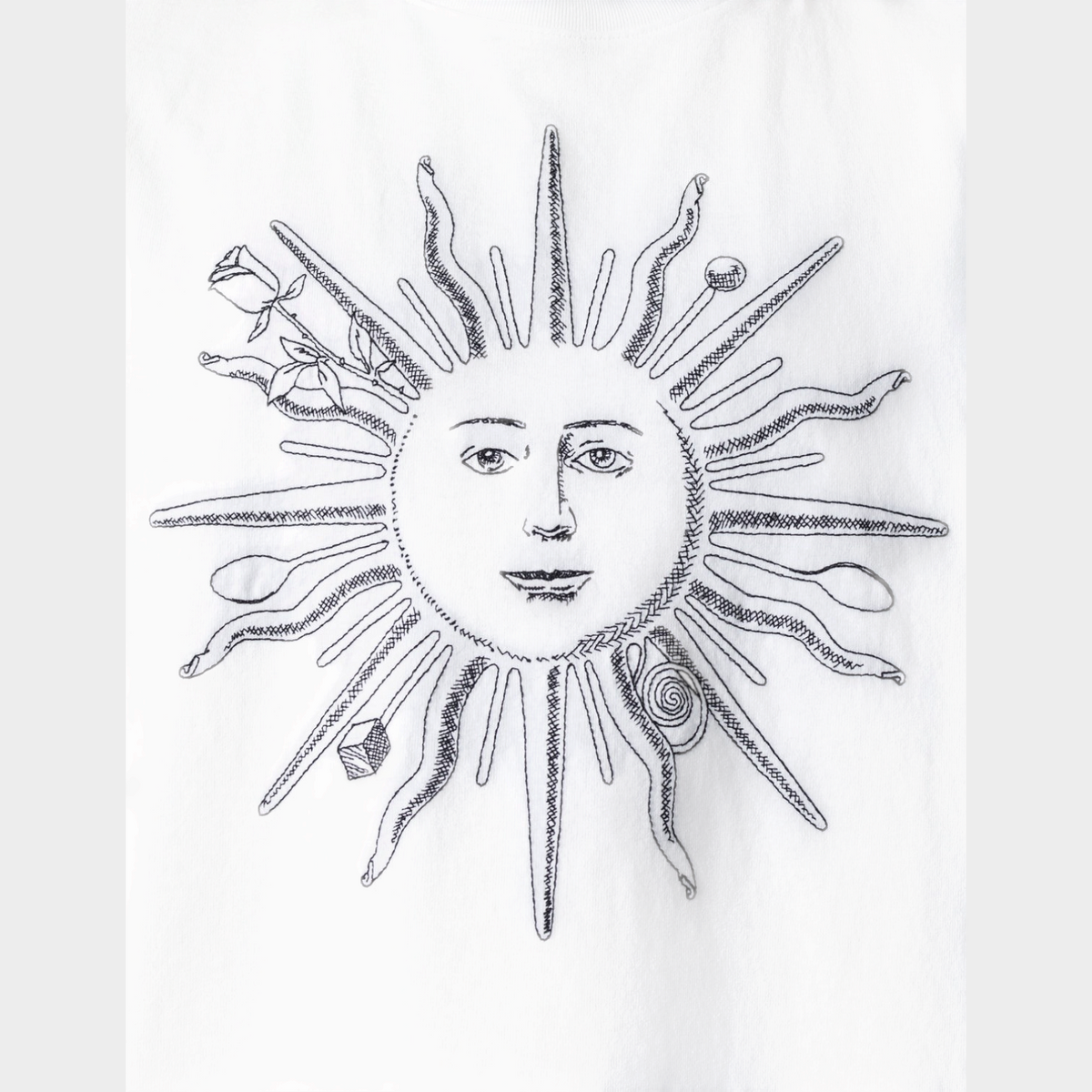 Supplied Fashion white t-shirt featuring a detailed black line art sun illustration with a human face and rose.
