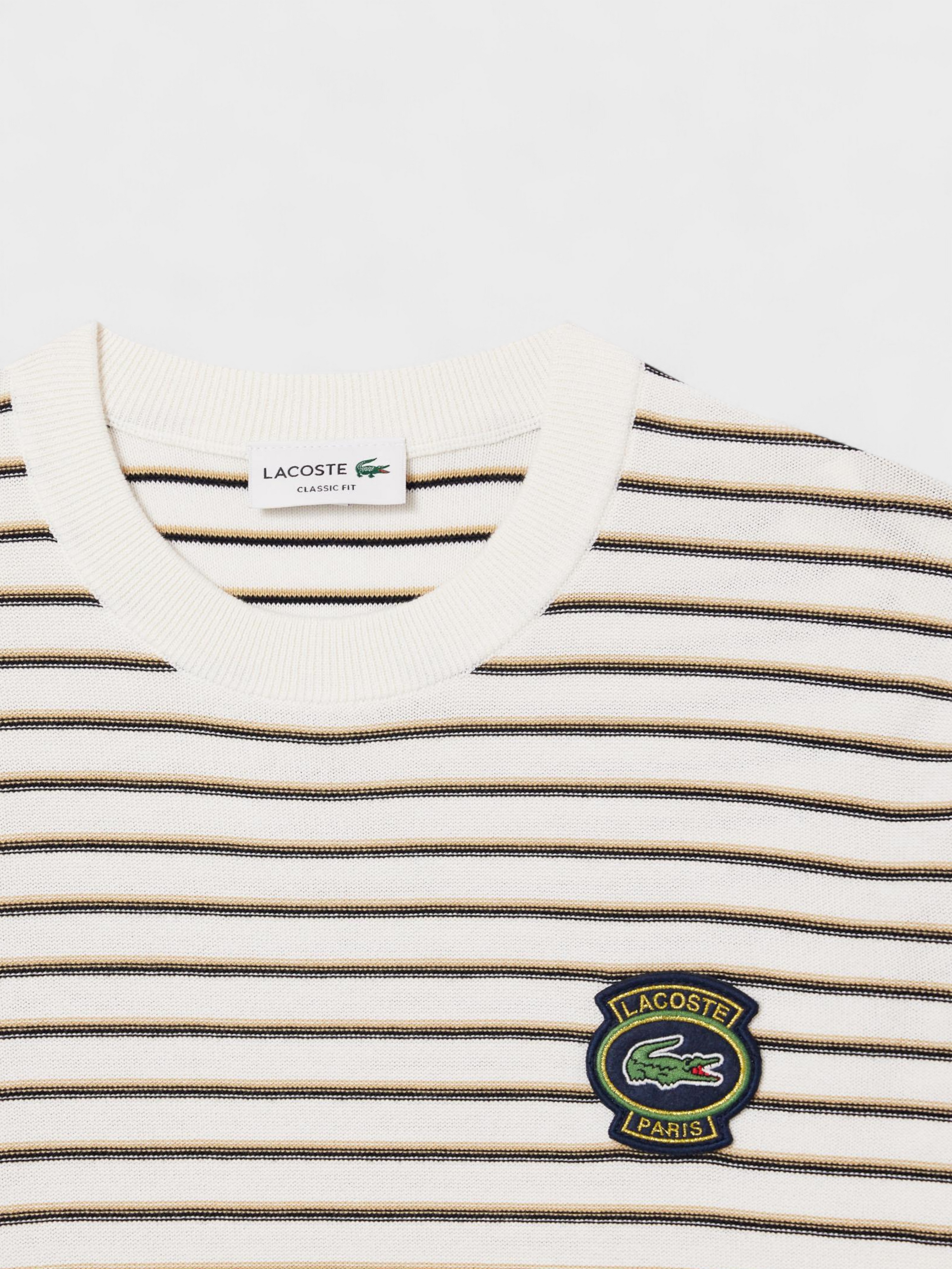 Lacoste Striped Cotton Badge Crew Neck Sweater White