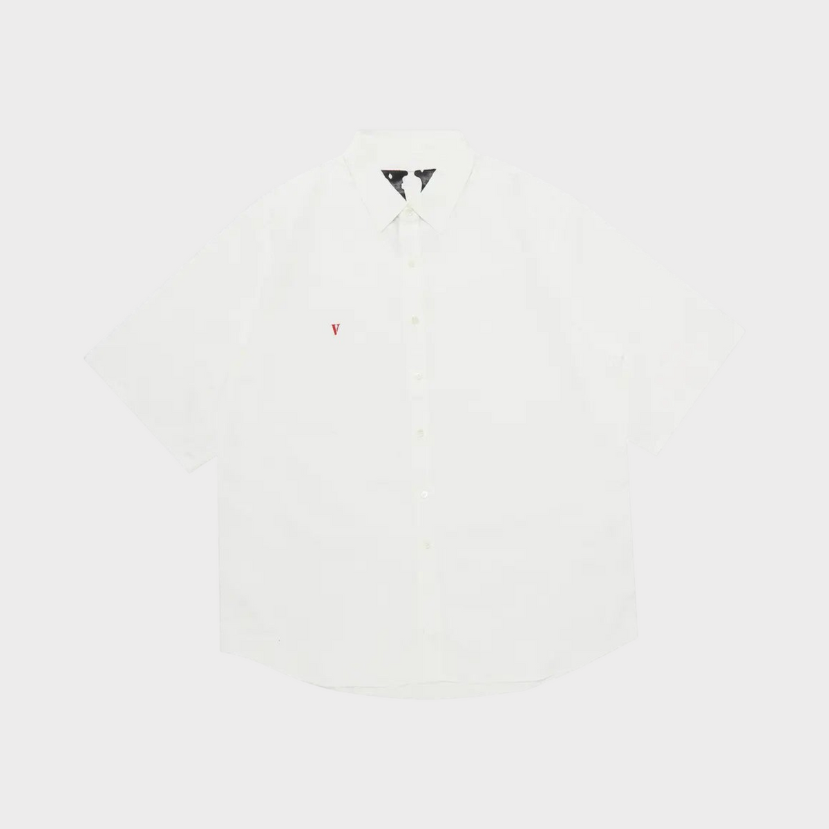 Supplied Fashion white short-sleeve button-up shirt with a small red V logo on the chest and VLONE branding.