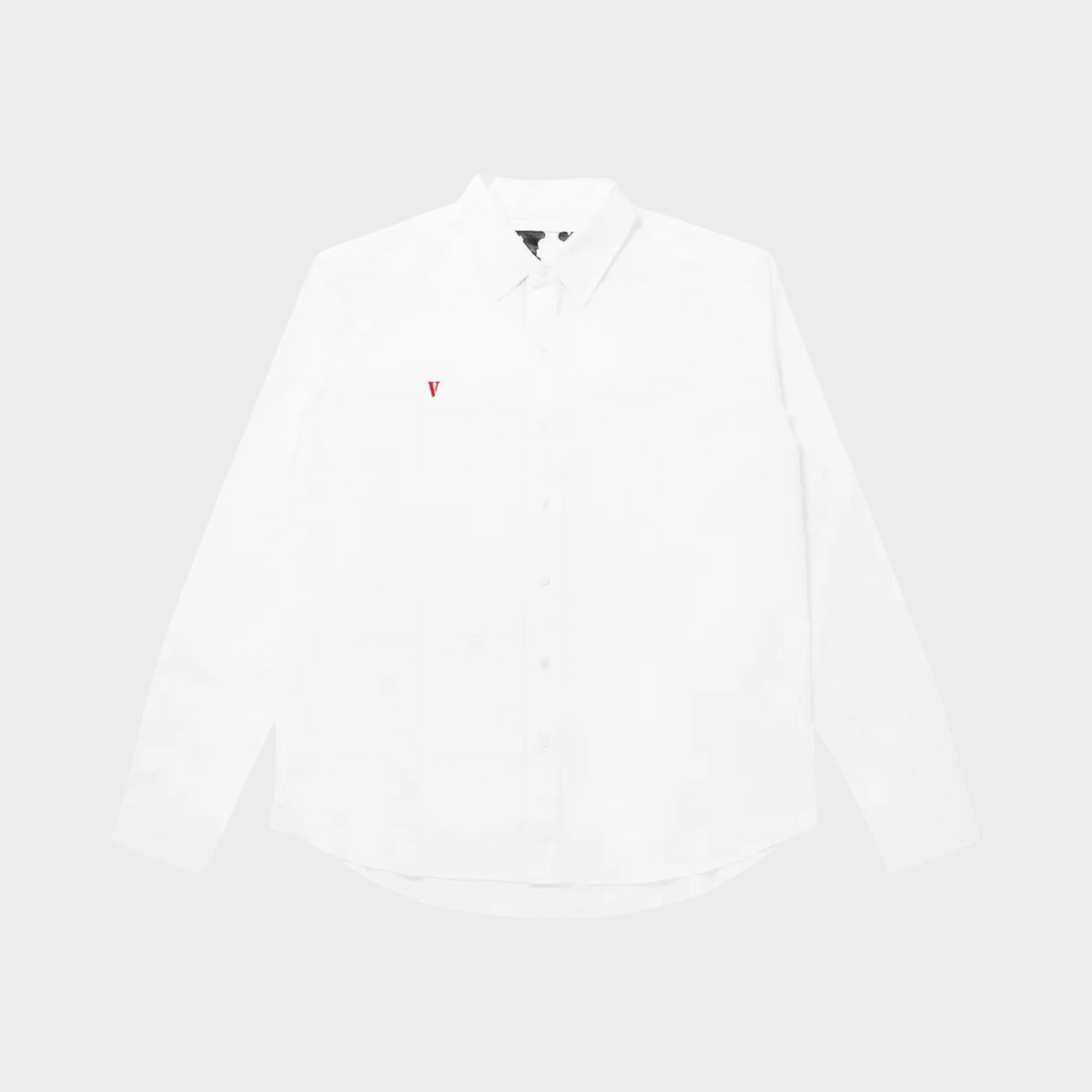 Supplied Fashion crisp white long sleeve button-up shirt with a small red V logo on the chest