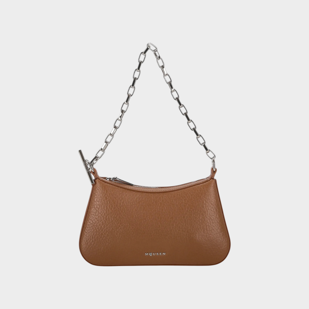 Supplied Fashion T-Bar mini handbag in pecan brown leather with a silver chain strap and structured silhouette.