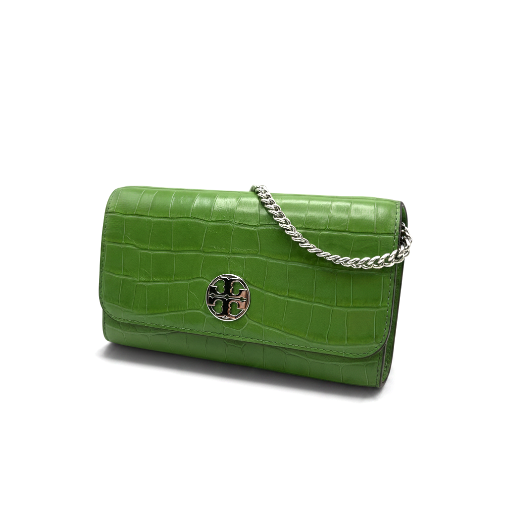 Supplied Fashion Willa palm green embossed leather chain wallet with silver logo hardware and shoulder strap.