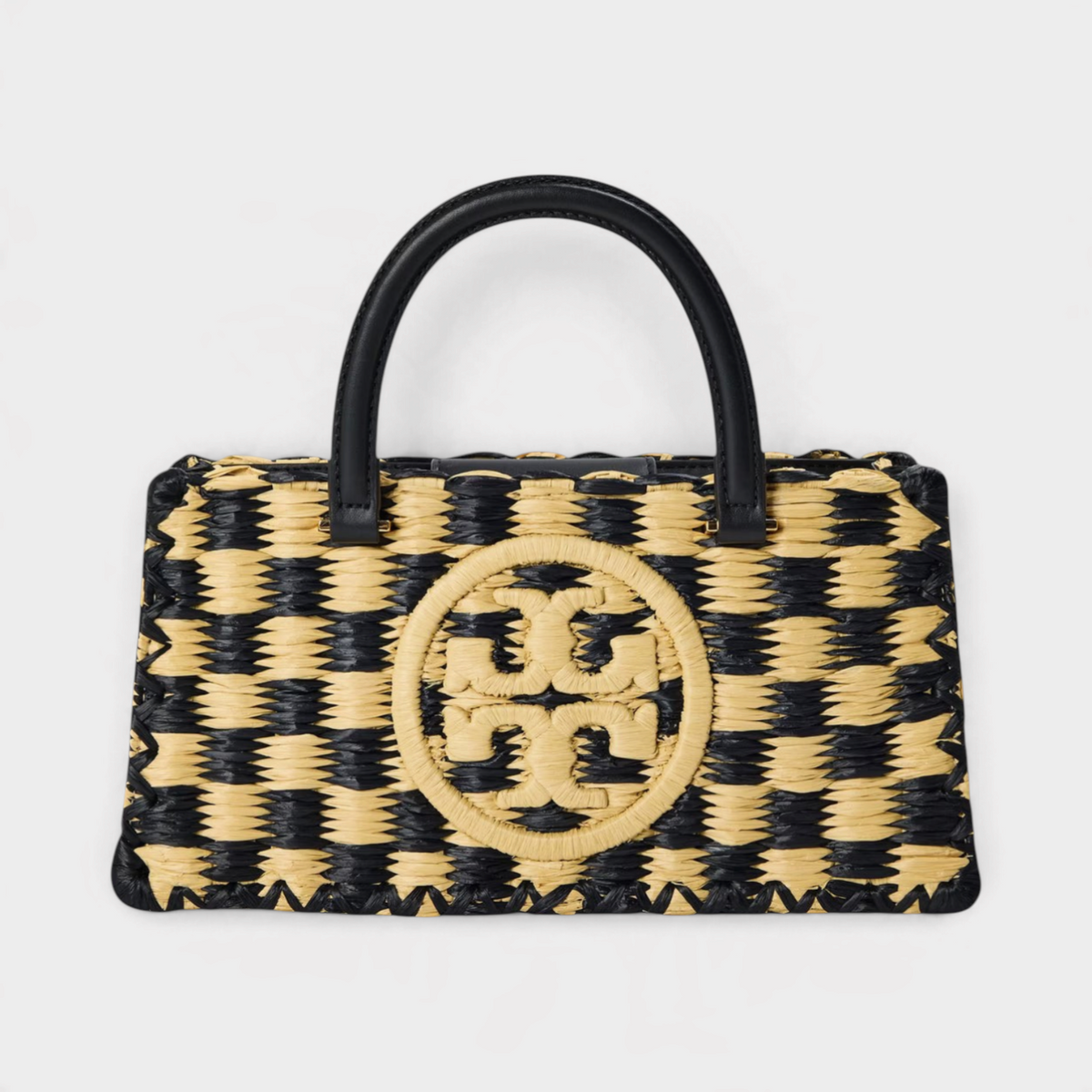 Supplied Fashion Ella hand-crocheted checkered shopper bag in black and natural straw with a central logo emblem.