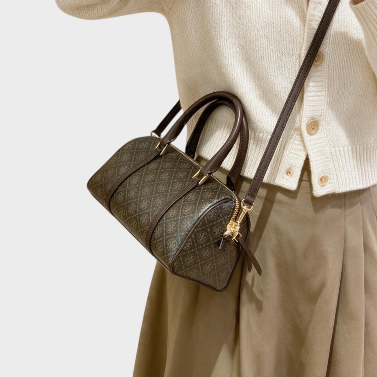 T Monogram Coated Canvas Mini Barrel Bag French Press Brown