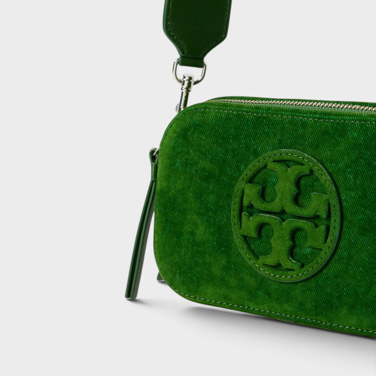 Supplied Fashion Tory Burch Miller emerald green flocked leather mini crossbody bag with iconic logo detail