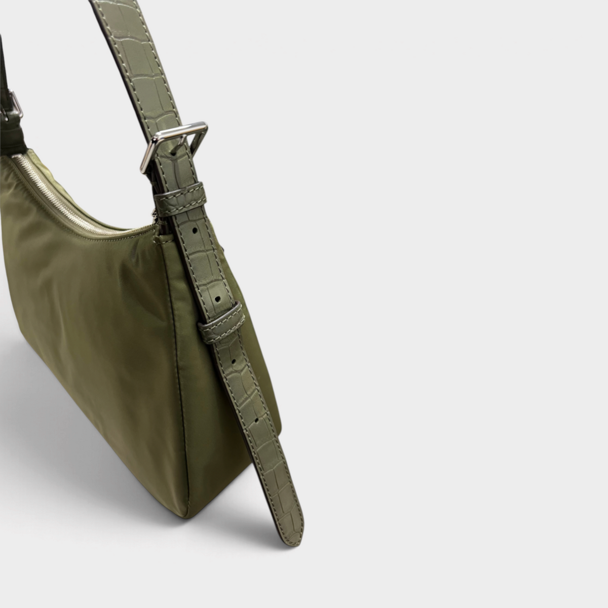 Nylon Zip Top Shoulder Bag Green Khaki