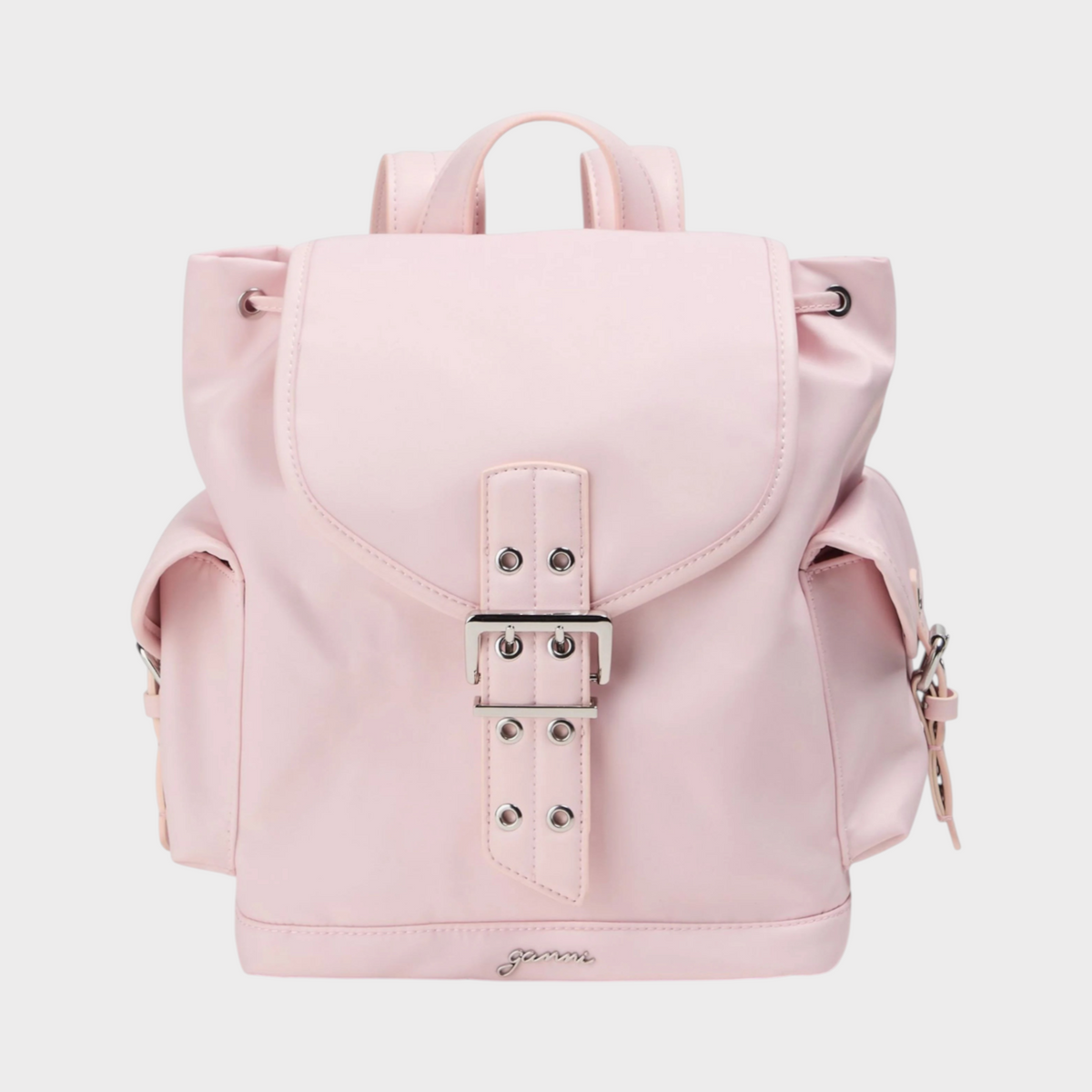 Supplied Fashion Ganni Bucky shell backpack in chalk pink with a front buckle closure and side pockets.