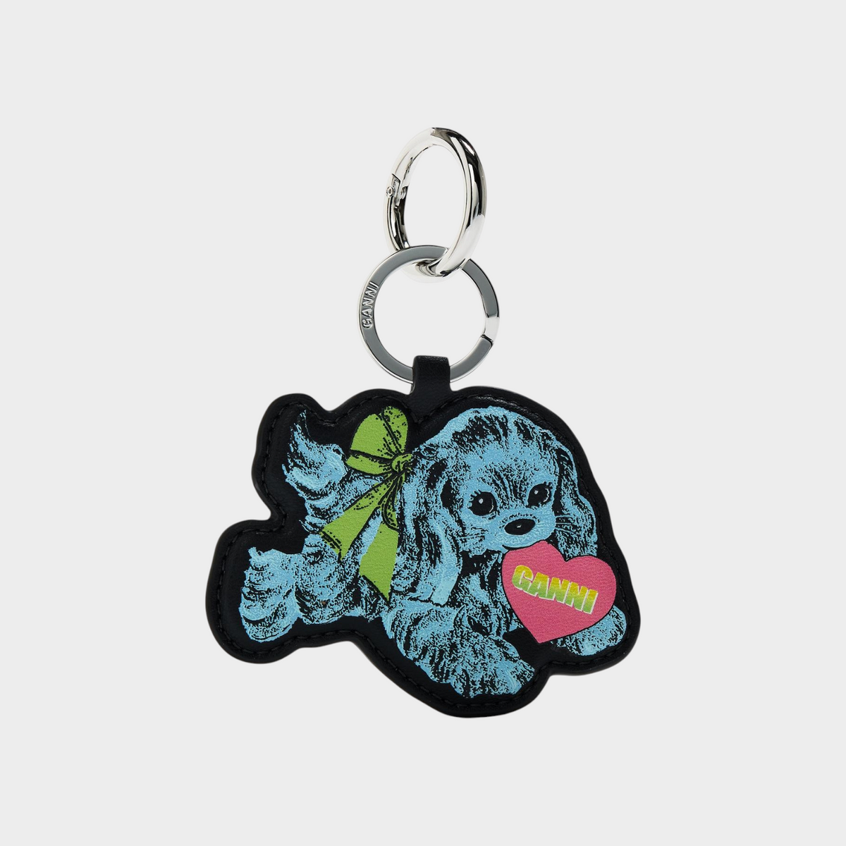 Supplied Fashion Ganni baby blue puppy keyring with a green bow and pink heart logo on a silver-tone metal clasp
