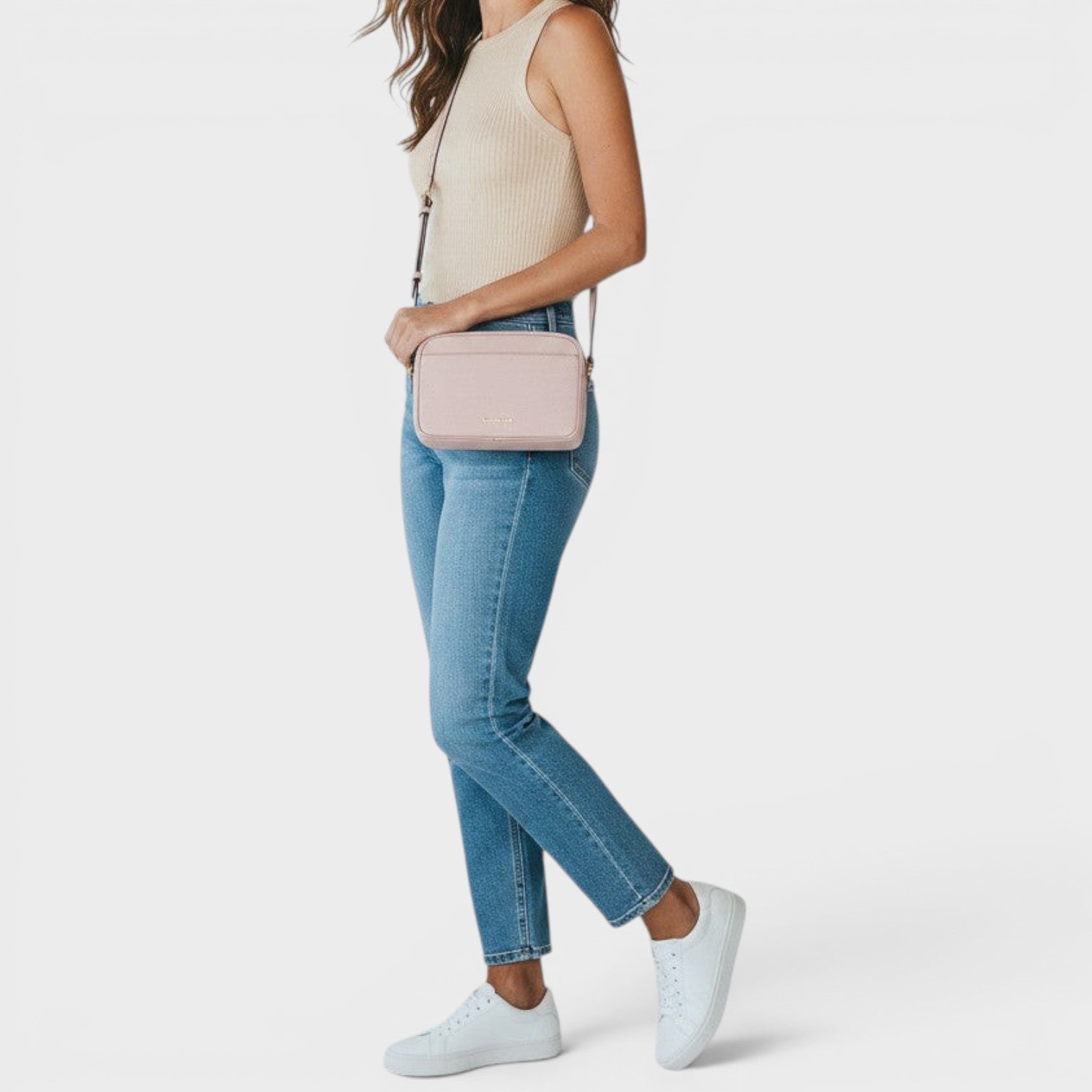 Pebbled Leather Camera Crossbody Bag Rose