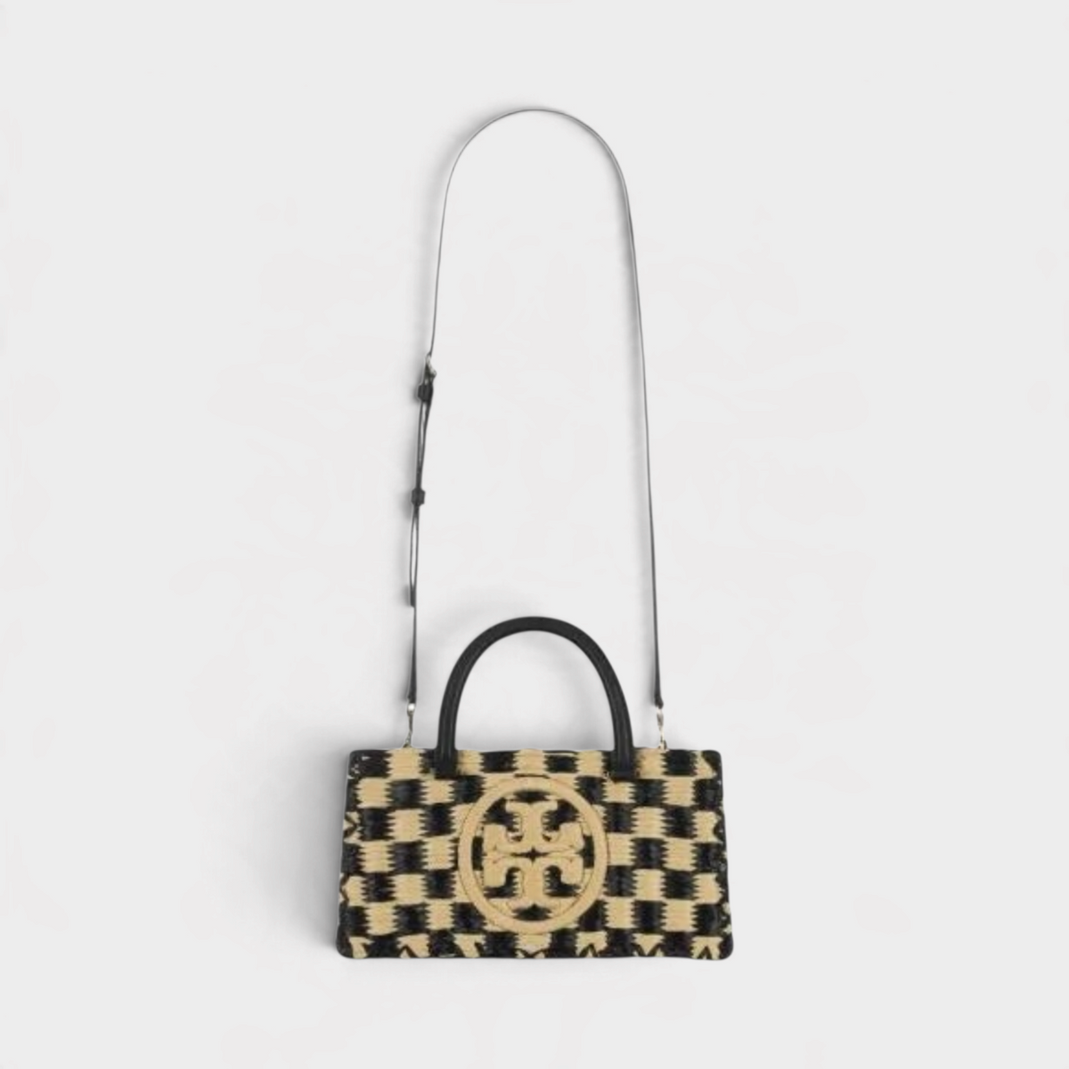 Supplied Fashion Ella hand-crocheted checkered shopper bag in black and natural straw with dual handles and logo detail